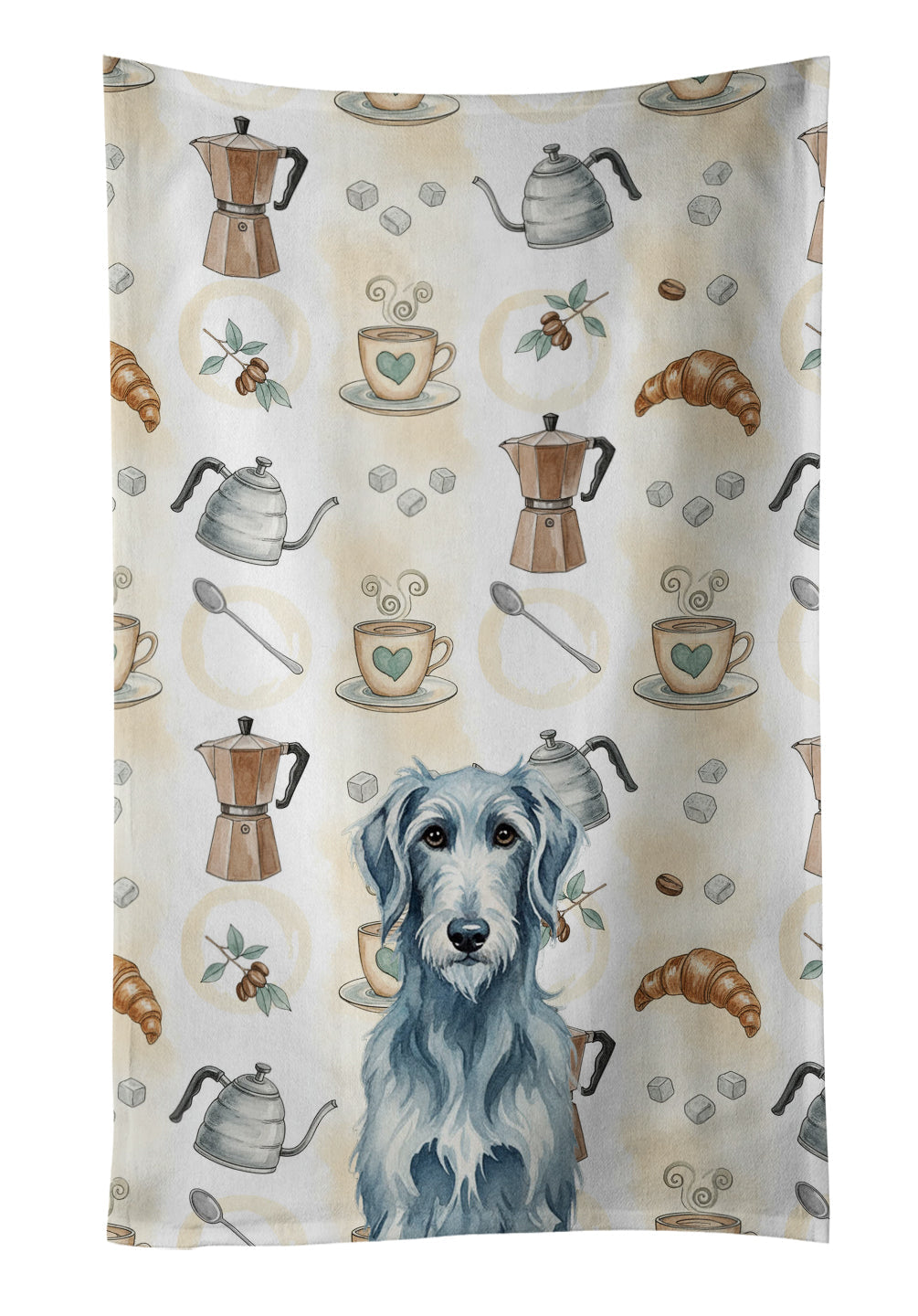 Blue-Gray Scottish Deerhound Coffee Bar Kitchen Towel Velour Plush Front and Cotton Loop Back Machine Washable