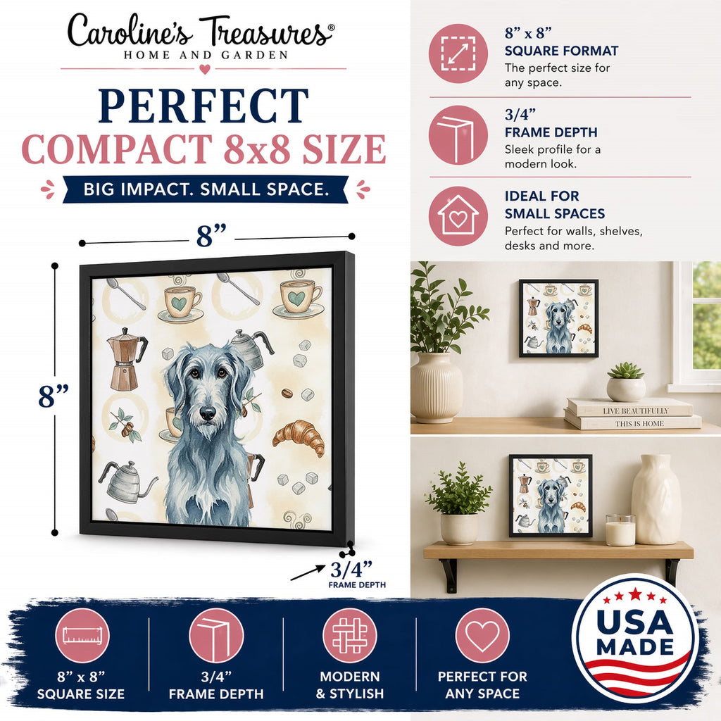 Blue-Gray Scottish Deerhound Coffee Bar Framed Metal Print Bathroom, Kitchen, Office, Home Decor Wall Art Ready to Hang, Square, 8X8