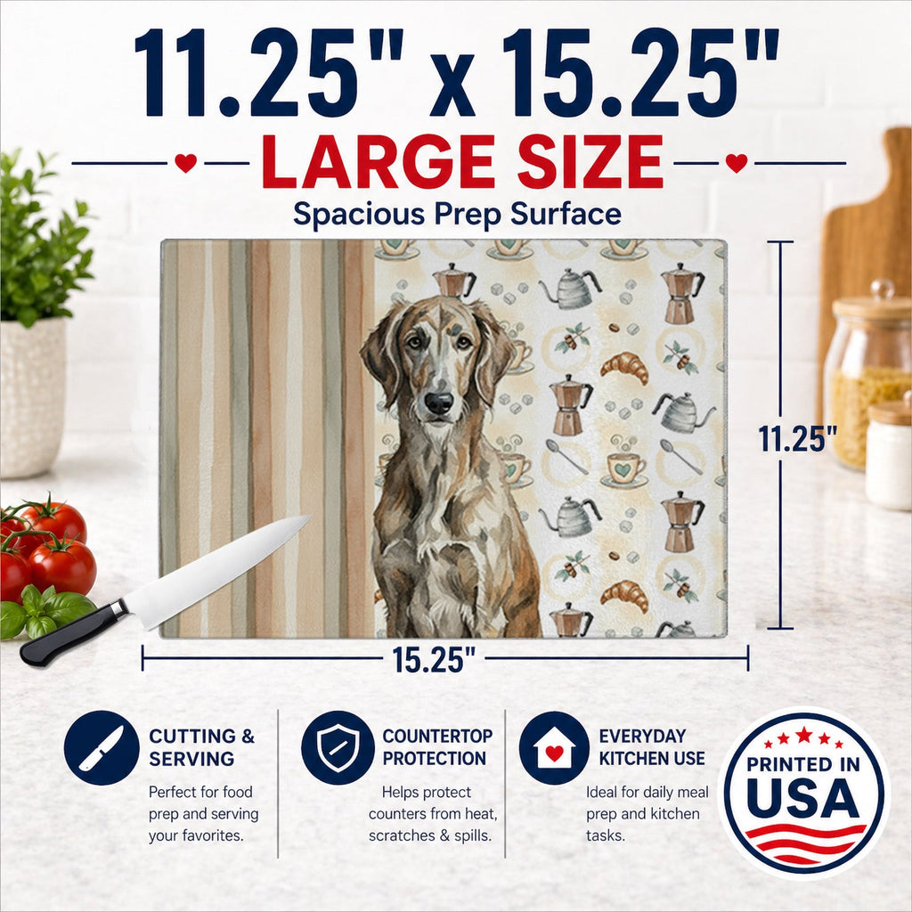 Brindle Scottish Deerhound Coffee Bar Cutting Board Tempered Glass Kitchen Cutting Surface, Heat Resistant Chopping, Non-Slip Feet, Food Prep & Serving