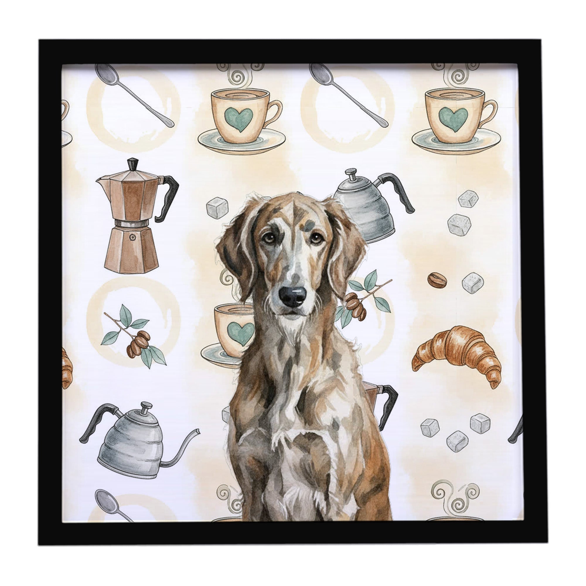 Brindle Scottish Deerhound Coffee Bar Framed Metal Print Bathroom, Kitchen, Office, Home Decor Wall Art Ready to Hang, Square, 8X8