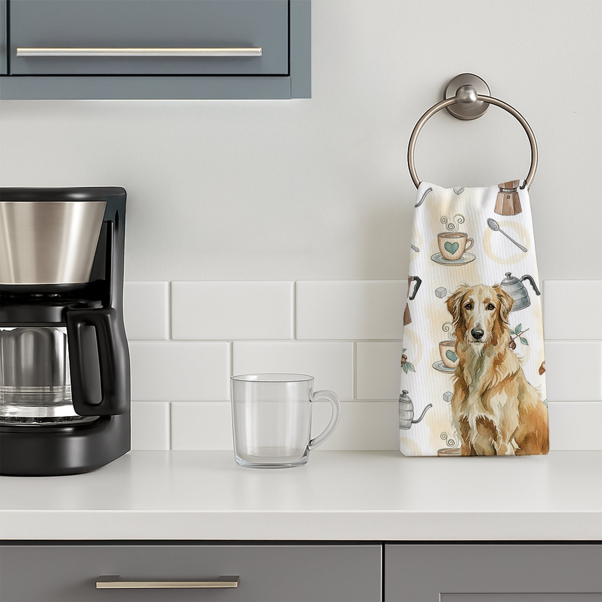 Wheaten Scottish Deerhound Coffee Bar Kitchen Towel Velour Plush Front and Cotton Loop Back Machine Washable