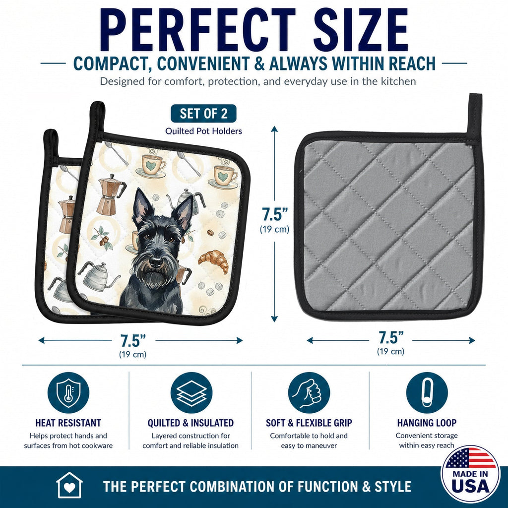 Scottish Terrier Coffee Bar Pot Holder Set of 2 Heat Resistant Quilted Hot Pads 7.5 x 7.5 Inch, Insulated Kitchen Trivets for Cooking & Baking
