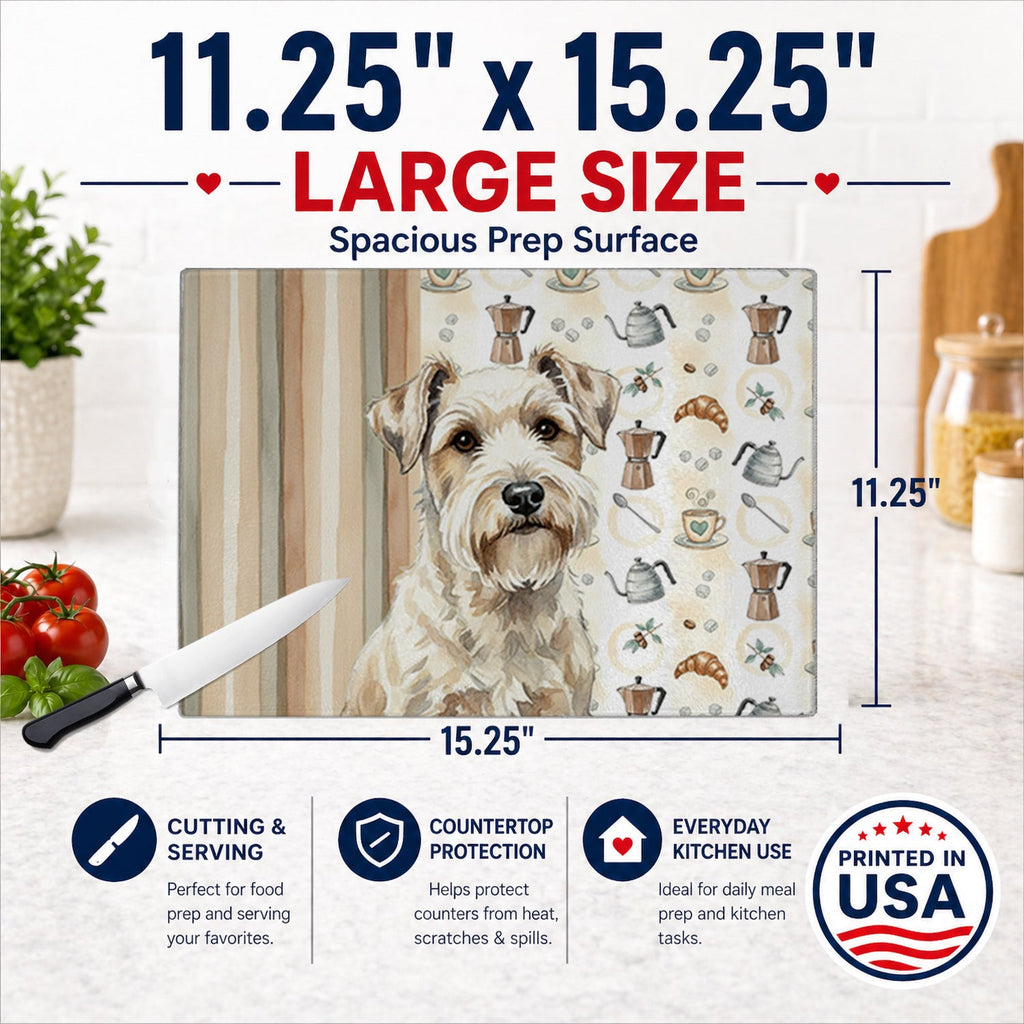 Sealyham Terrier Coffee Bar Cutting Board Tempered Glass Kitchen Cutting Surface, Heat Resistant Chopping, Non-Slip Feet, Food Prep & Serving