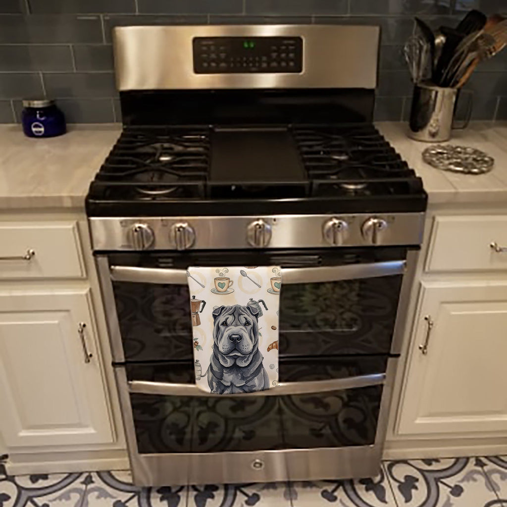 Black Shar Pei Coffee Bar Kitchen Towel Velour Plush Front and Cotton Loop Back Machine Washable