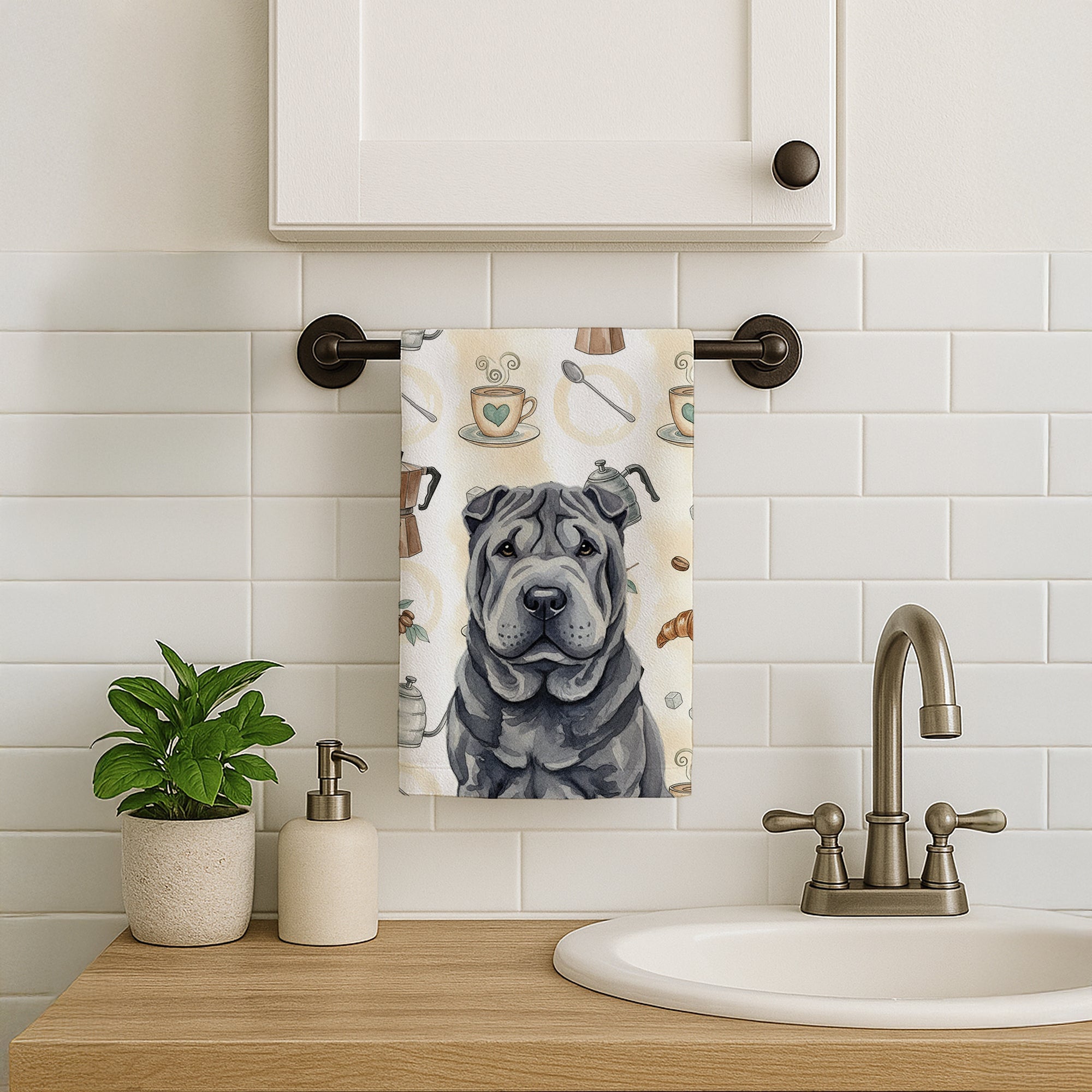 Black Shar Pei Coffee Bar Kitchen Towel Velour Plush Front and Cotton Loop Back Machine Washable
