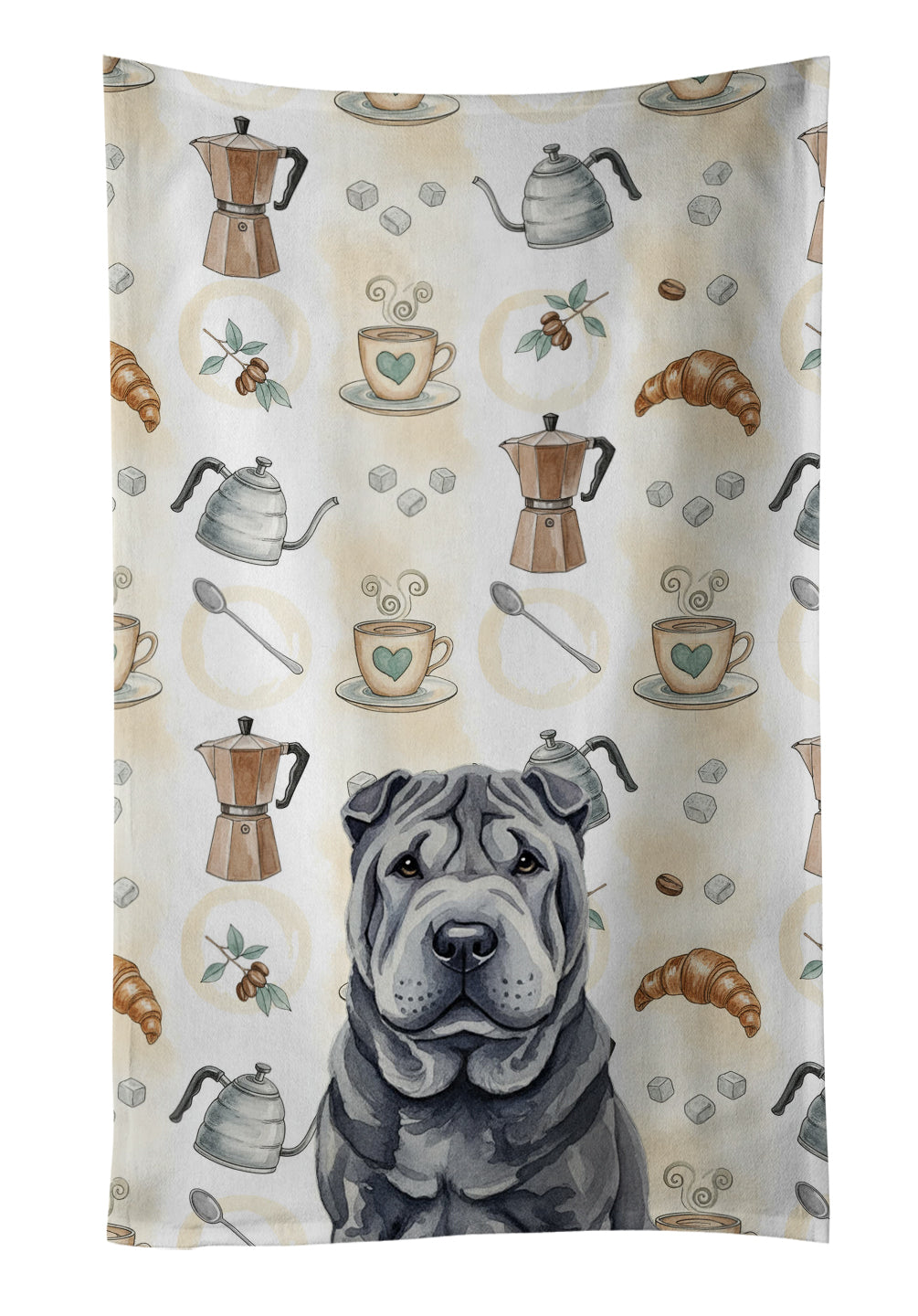 Black Shar Pei Coffee Bar Kitchen Towel Velour Plush Front and Cotton Loop Back Machine Washable