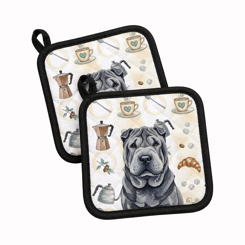 Black Shar Pei Coffee Bar Pot Holder Set of 2 Heat Resistant Quilted Hot Pads 7.5 x 7.5 Inch, Insulated Kitchen Trivets for Cooking & Baking