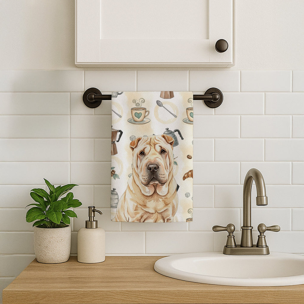 Shar Pei Coffee Bar Kitchen Towel Velour Plush Front and Cotton Loop Back Machine Washable