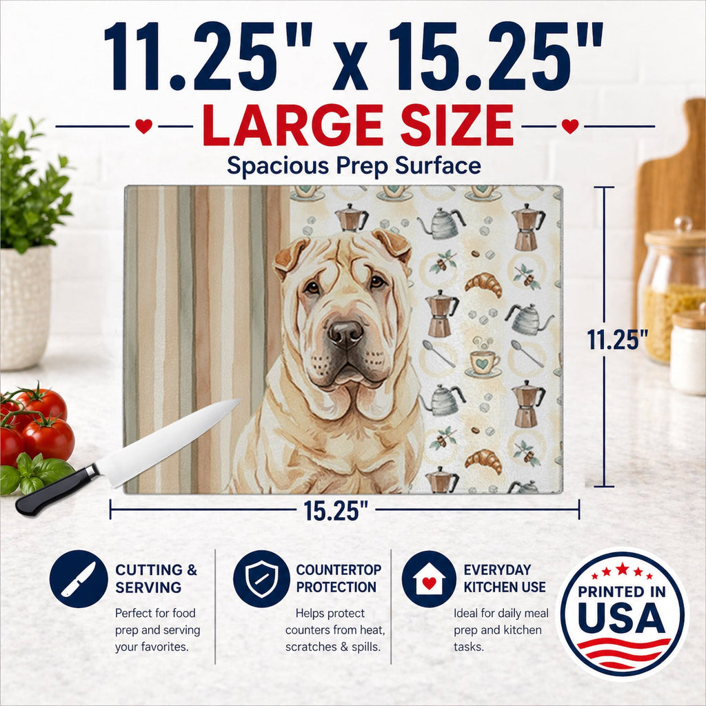 Shar Pei Coffee Bar Cutting Board Tempered Glass Kitchen Cutting Surface, Heat Resistant Chopping, Non-Slip Feet, Food Prep & Serving