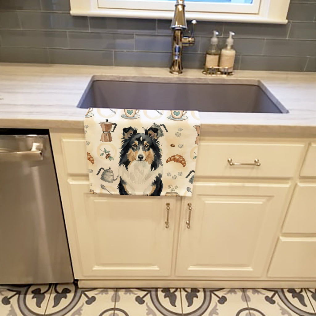 Tricolor Sheltie Coffee Bar Kitchen Towel Velour Plush Front and Cotton Loop Back Machine Washable