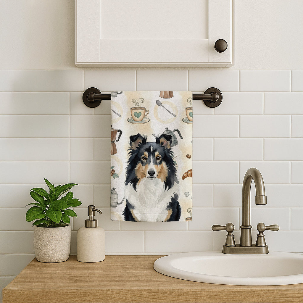 Tricolor Sheltie Coffee Bar Kitchen Towel Velour Plush Front and Cotton Loop Back Machine Washable