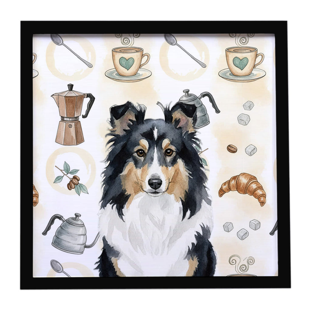 Tricolor Sheltie Coffee Bar Framed Metal Print Bathroom, Kitchen, Office, Home Decor Wall Art Ready to Hang, Square, 8X8