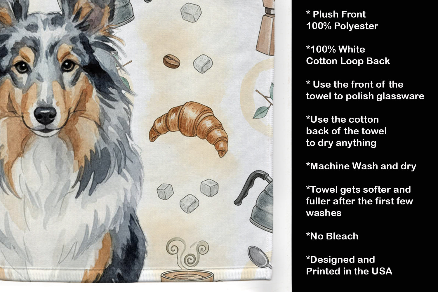 Blue Merle Sheltie Coffee Bar Kitchen Towel Velour Plush Front and Cotton Loop Back Machine Washable
