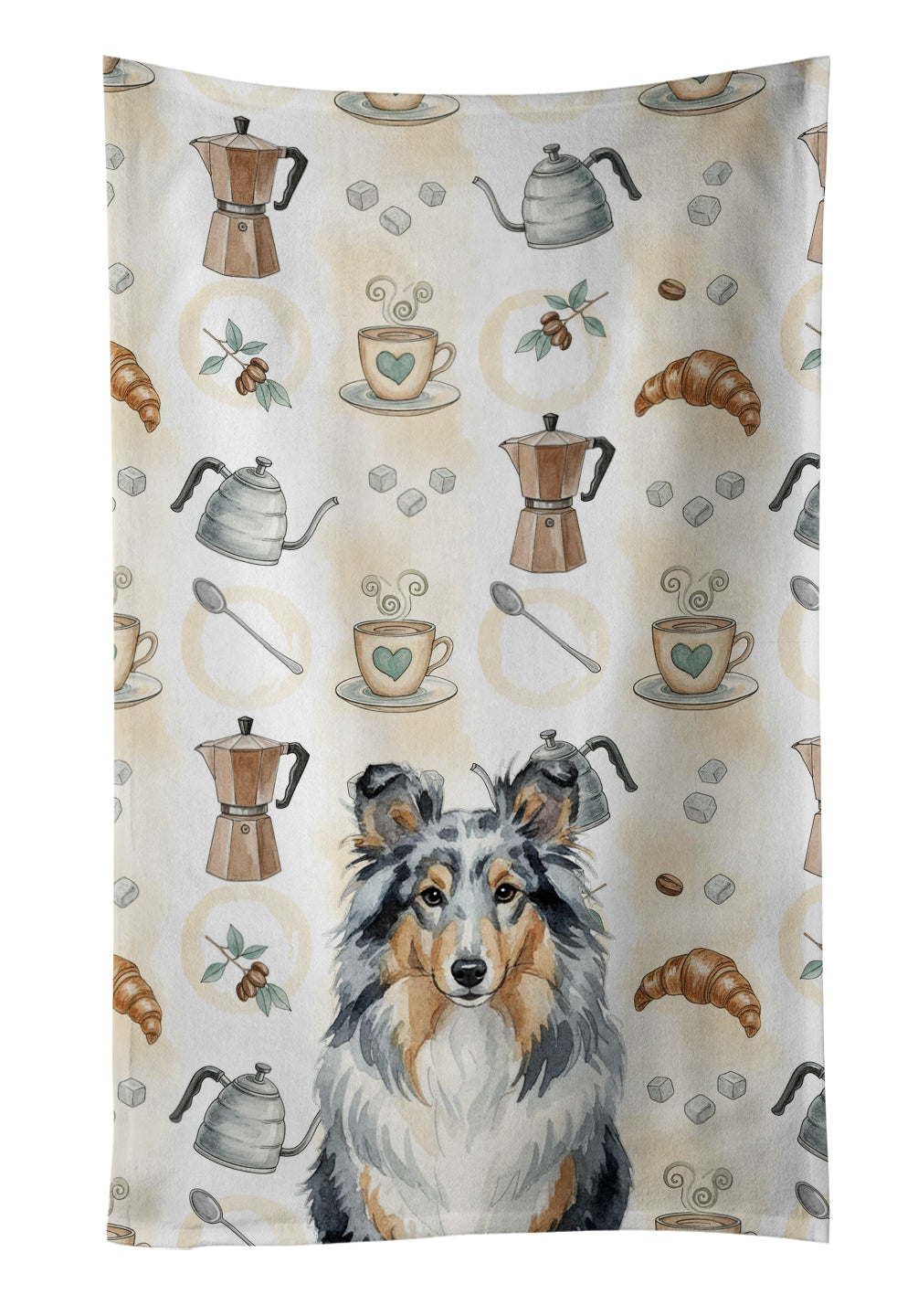 Blue Merle Sheltie Coffee Bar Kitchen Towel Velour Plush Front and Cotton Loop Back Machine Washable