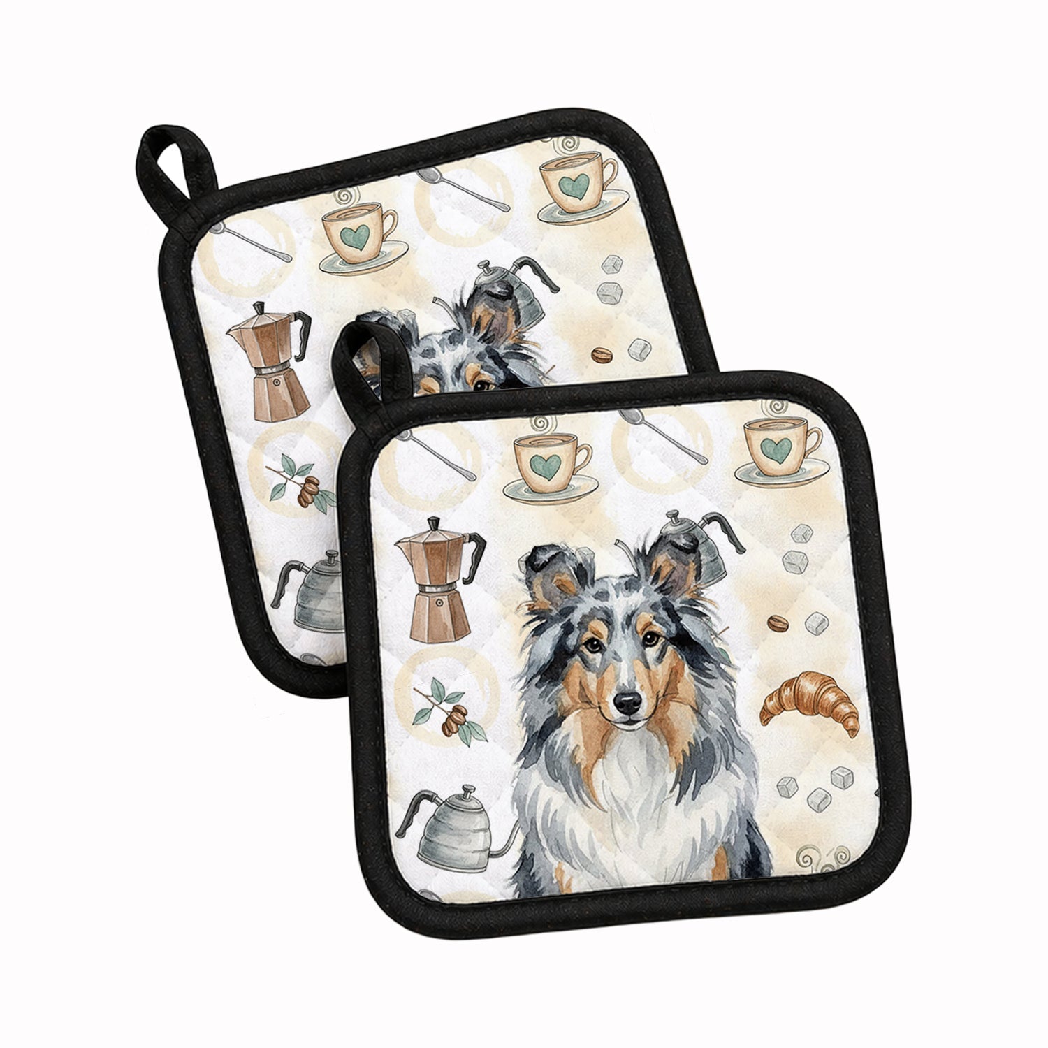 Blue Merle Sheltie Coffee Bar Pot Holder Set of 2 Heat Resistant Quilted Hot Pads 7.5 x 7.5 Inch, Insulated Kitchen Trivets for Cooking & Baking
