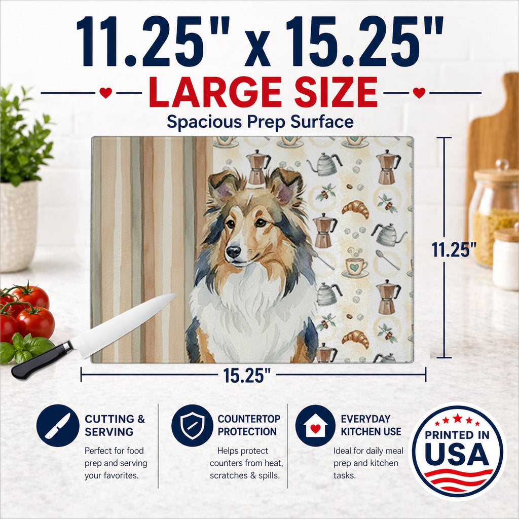 Sable Sheltie Coffee Bar Cutting Board Tempered Glass Kitchen Cutting Surface, Heat Resistant Chopping, Non-Slip Feet, Food Prep & Serving
