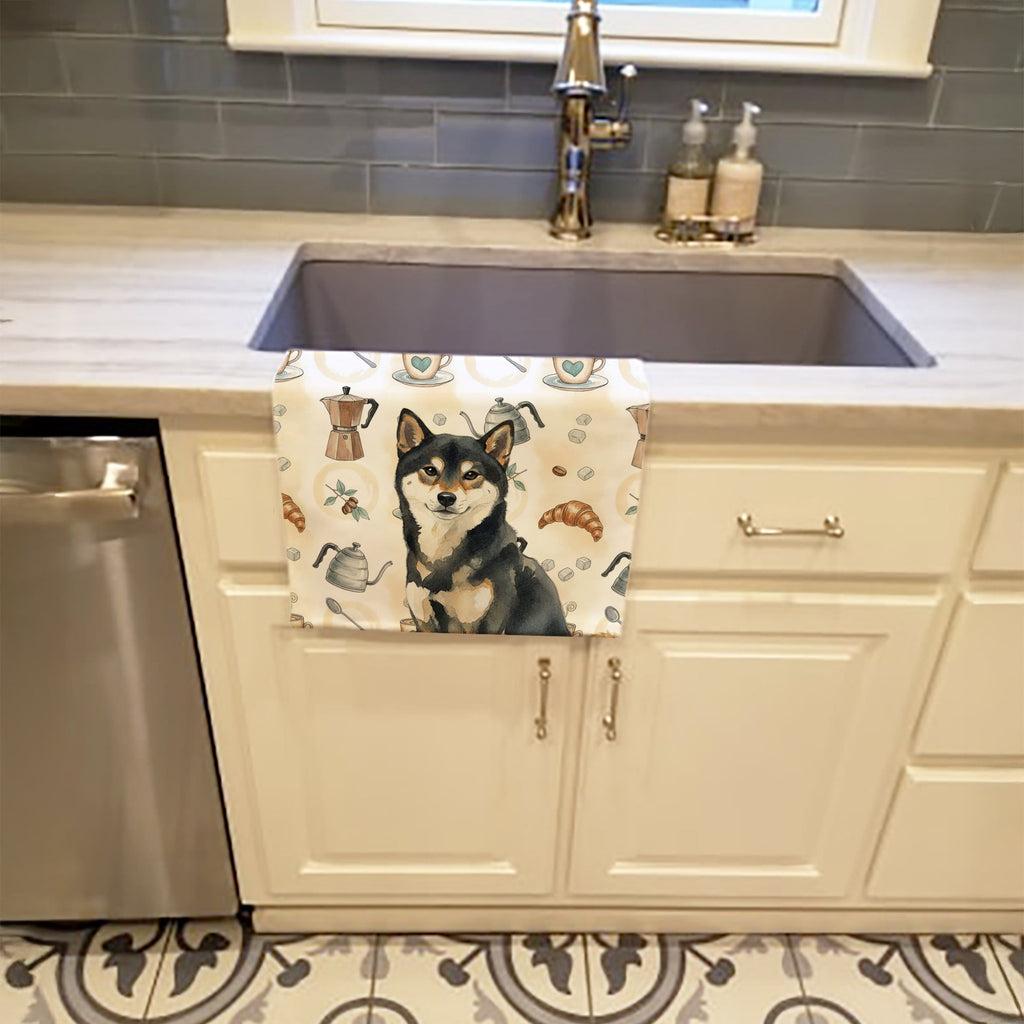 Black and Tan Shiba Inu Coffee Bar Kitchen Towel Velour Plush Front and Cotton Loop Back Machine Washable