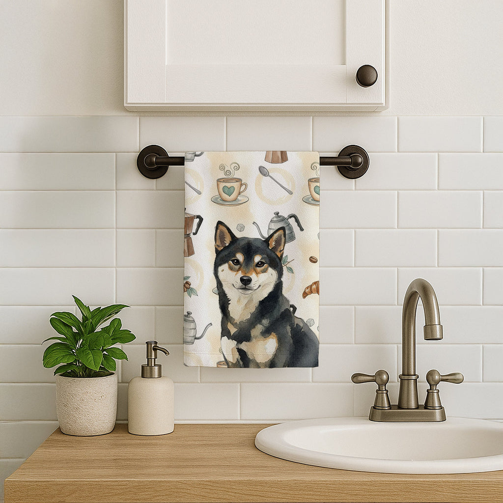 Black and Tan Shiba Inu Coffee Bar Kitchen Towel Velour Plush Front and Cotton Loop Back Machine Washable
