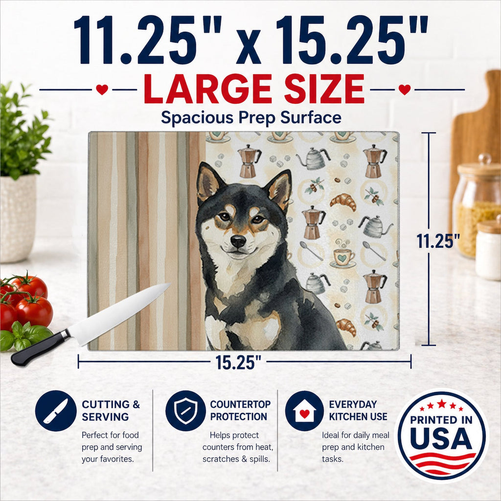 Black and Tan Shiba Inu Coffee Bar Cutting Board Tempered Glass Kitchen Cutting Surface, Heat Resistant Chopping, Non-Slip Feet, Food Prep & Serving