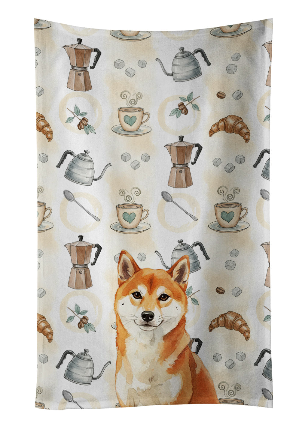 Red Shiba Inu Coffee Bar Kitchen Towel Velour Plush Front and Cotton Loop Back Machine Washable
