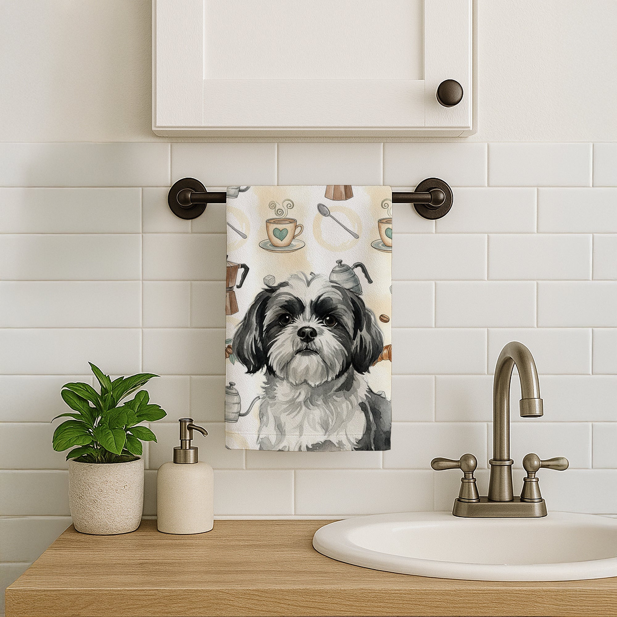 Black and White Shih Tzu Coffee Bar Kitchen Towel Velour Plush Front and Cotton Loop Back Machine Washable