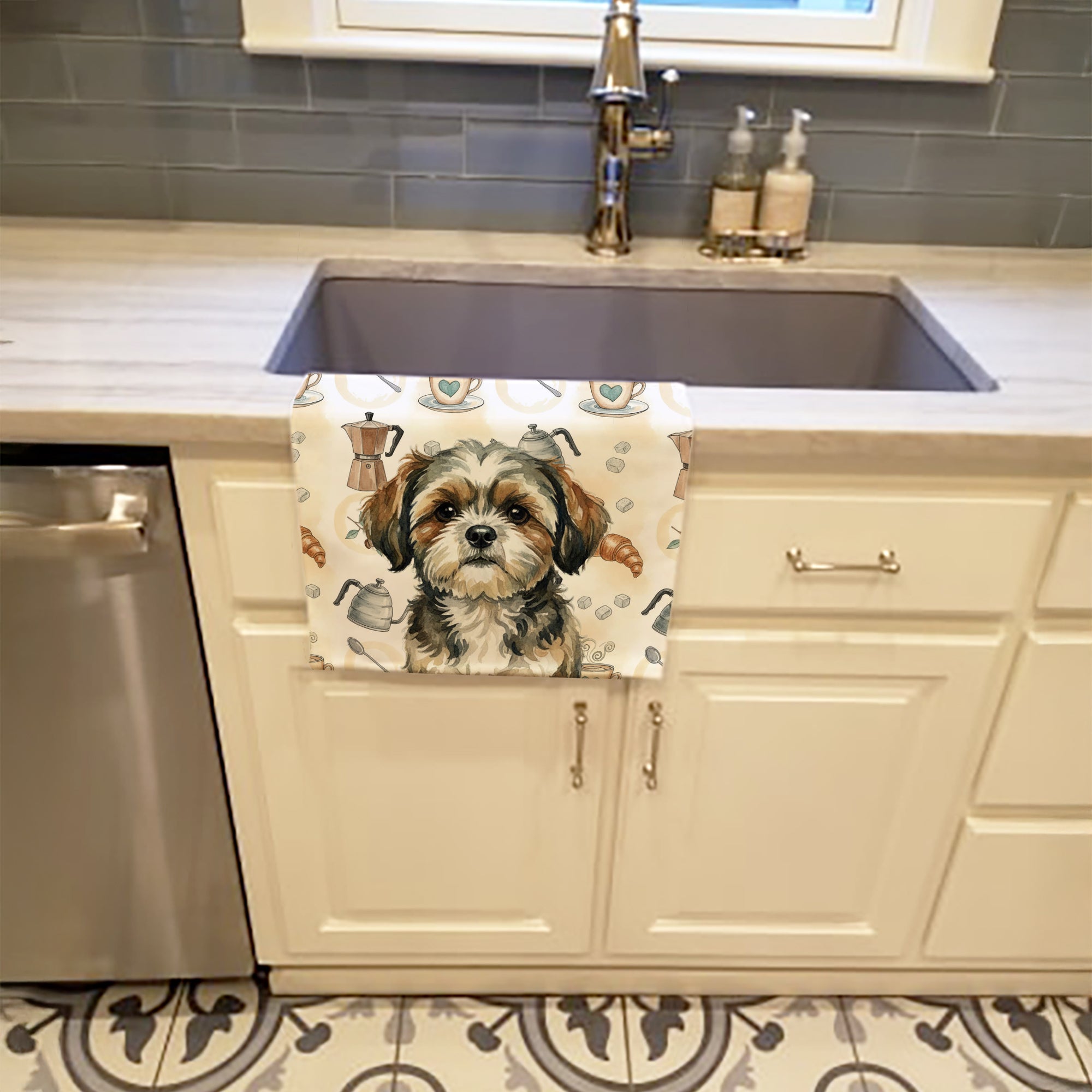 Brindle Shih Tzu Coffee Bar Kitchen Towel Velour Plush Front and Cotton Loop Back Machine Washable