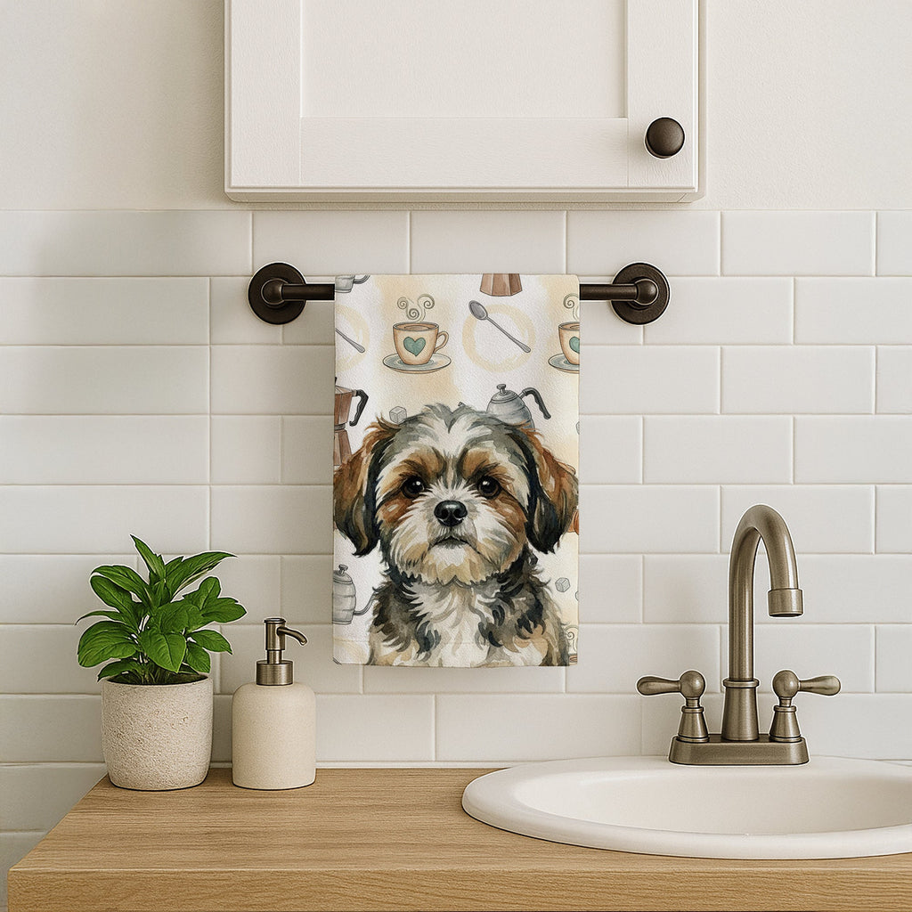 Brindle Shih Tzu Coffee Bar Kitchen Towel Velour Plush Front and Cotton Loop Back Machine Washable