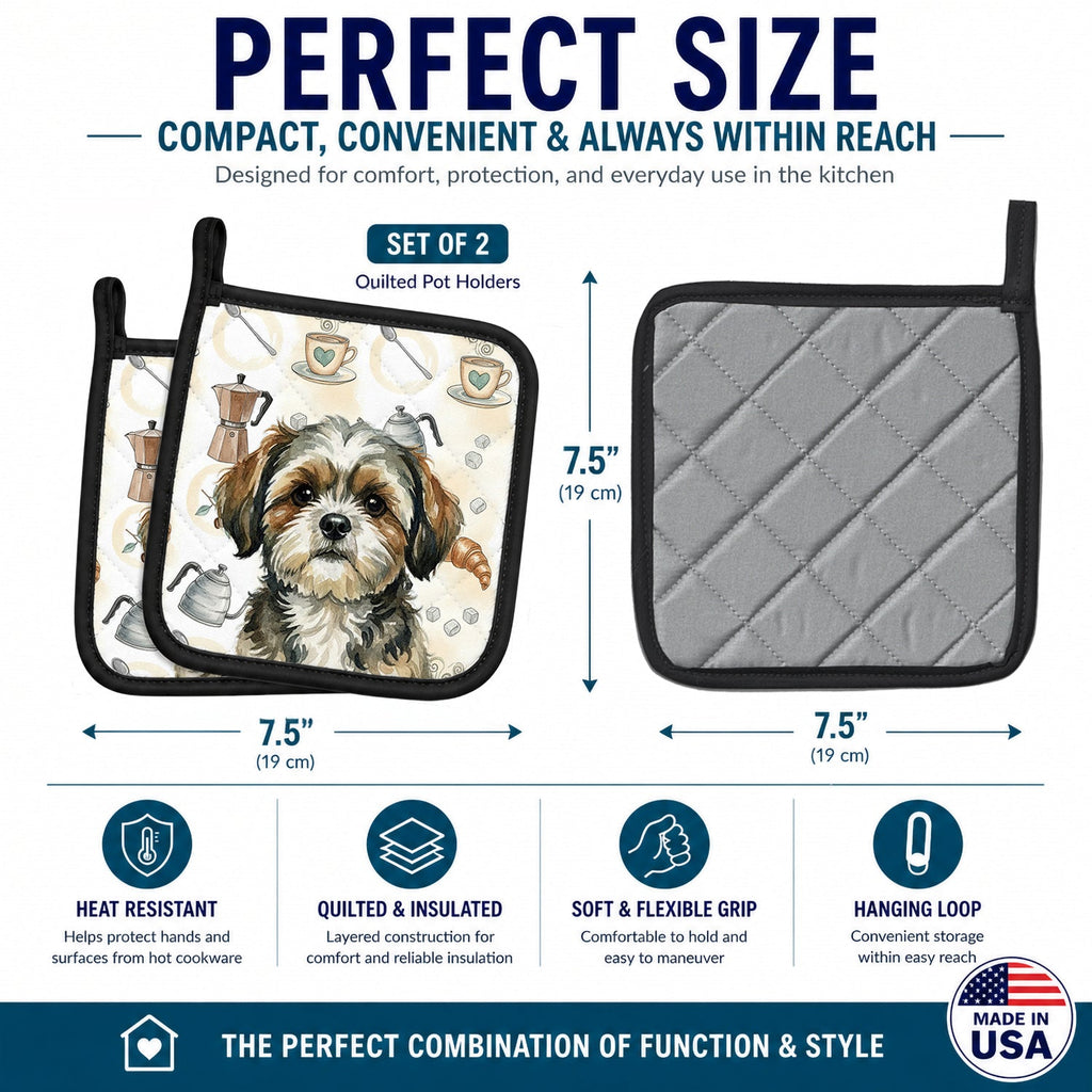 Brindle Shih Tzu Coffee Bar Pot Holder Set of 2 Heat Resistant Quilted Hot Pads 7.5 x 7.5 Inch, Insulated Kitchen Trivets for Cooking & Baking