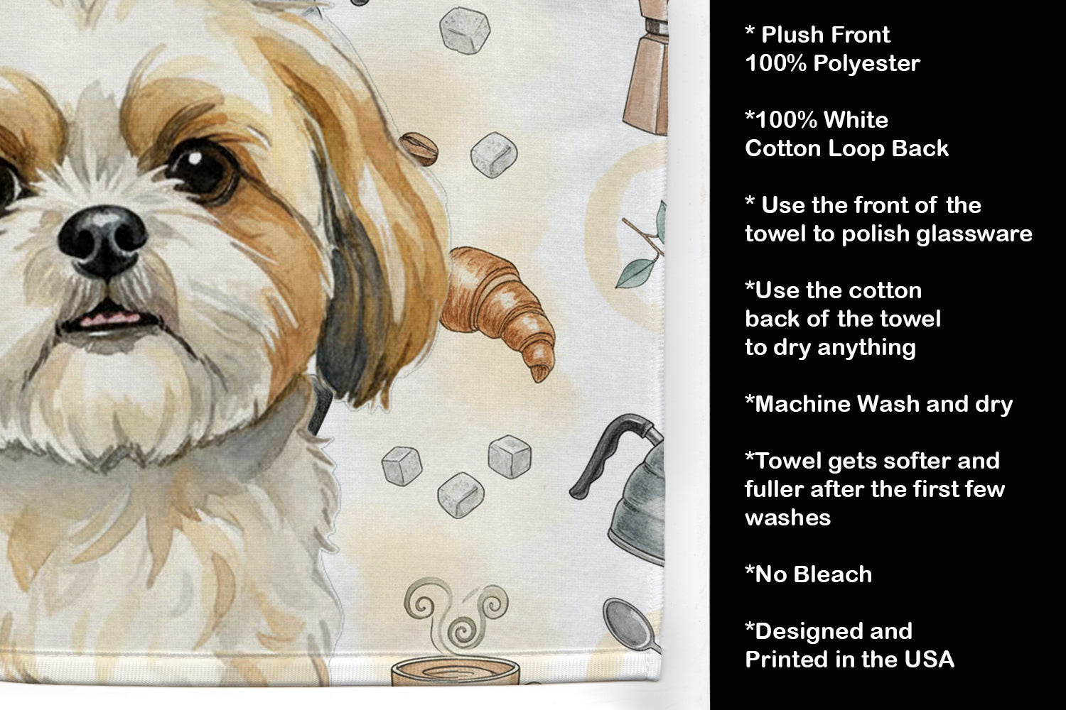 Gold and White Shih Tzu Coffee Bar Kitchen Towel Velour Plush Front and Cotton Loop Back Machine Washable