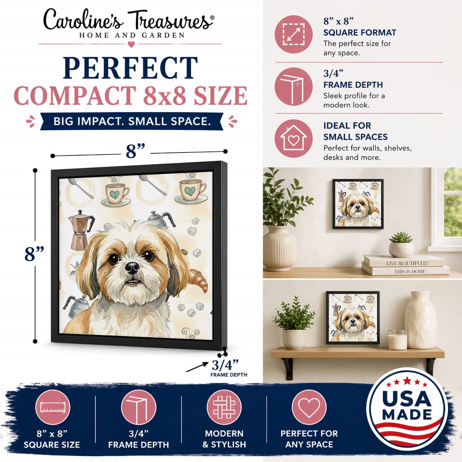 Gold and White Shih Tzu Coffee Bar Framed Metal Print Bathroom, Kitchen, Office, Home Decor Wall Art Ready to Hang, Square, 8X8