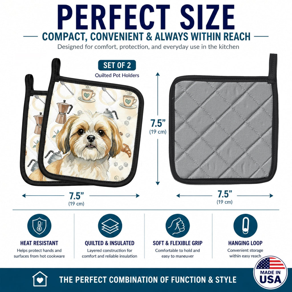 Gold and White Shih Tzu Coffee Bar Pot Holder Set of 2 Heat Resistant Quilted Hot Pads 7.5 x 7.5 Inch, Insulated Kitchen Trivets for Cooking & Baking