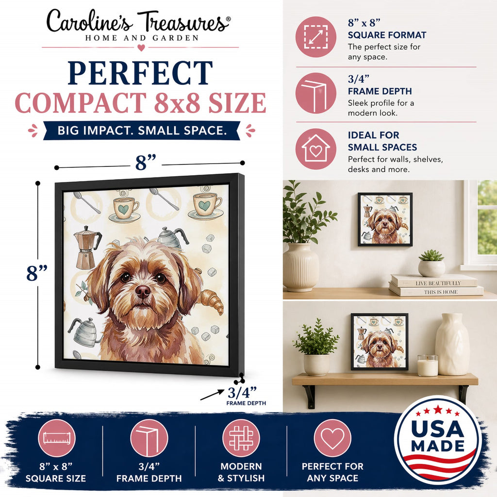 Liver Shih Tzu Coffee Bar Framed Metal Print Bathroom, Kitchen, Office, Home Decor Wall Art Ready to Hang, Square, 8X8
