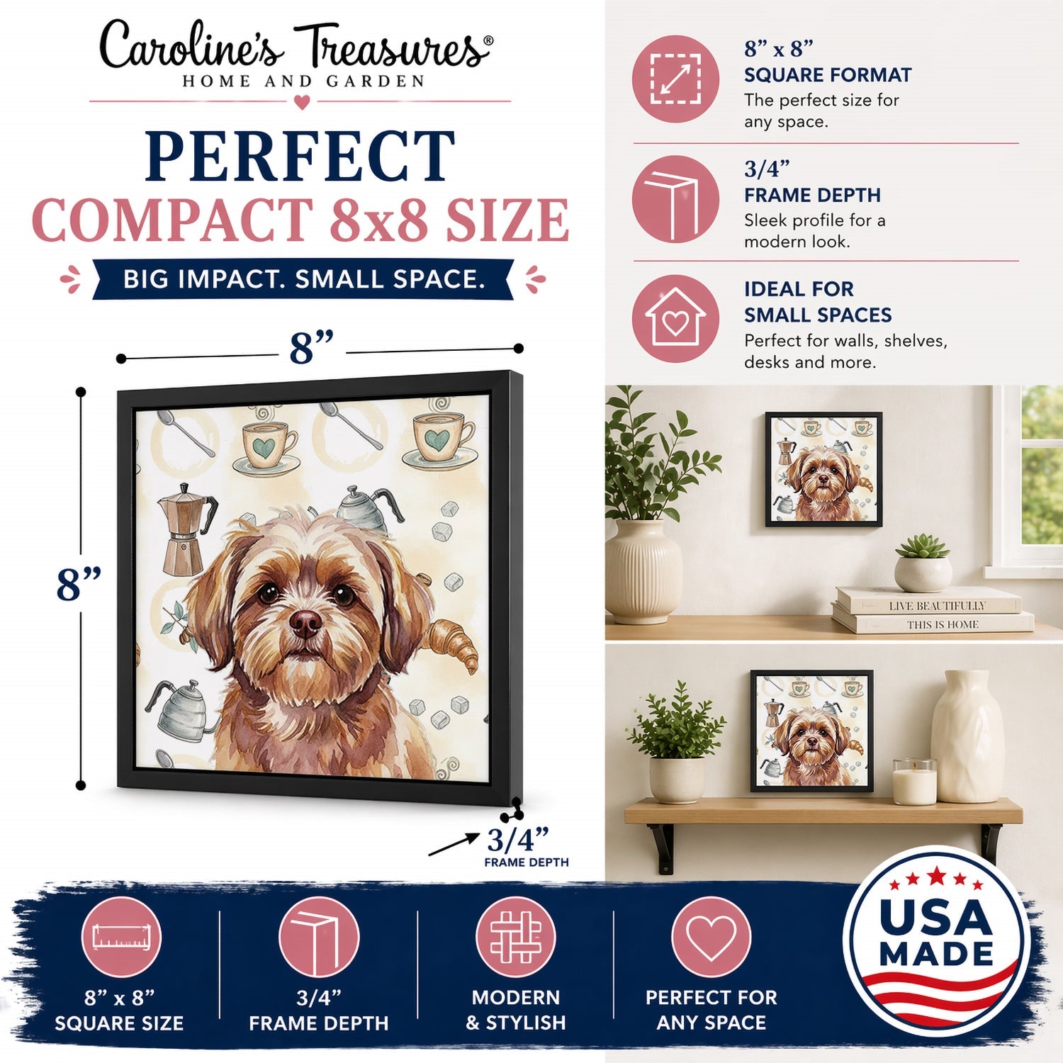 Liver Shih Tzu Coffee Bar Framed Metal Print Bathroom, Kitchen, Office, Home Decor Wall Art Ready to Hang, Square, 8X8