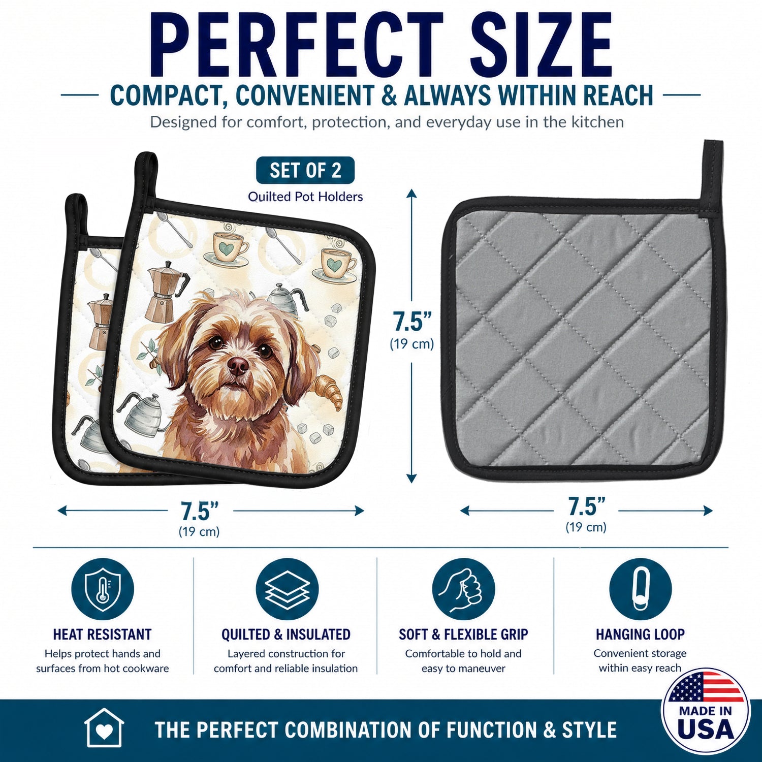 Liver Shih Tzu Coffee Bar Pot Holder Set of 2 Heat Resistant Quilted Hot Pads 7.5 x 7.5 Inch, Insulated Kitchen Trivets for Cooking & Baking