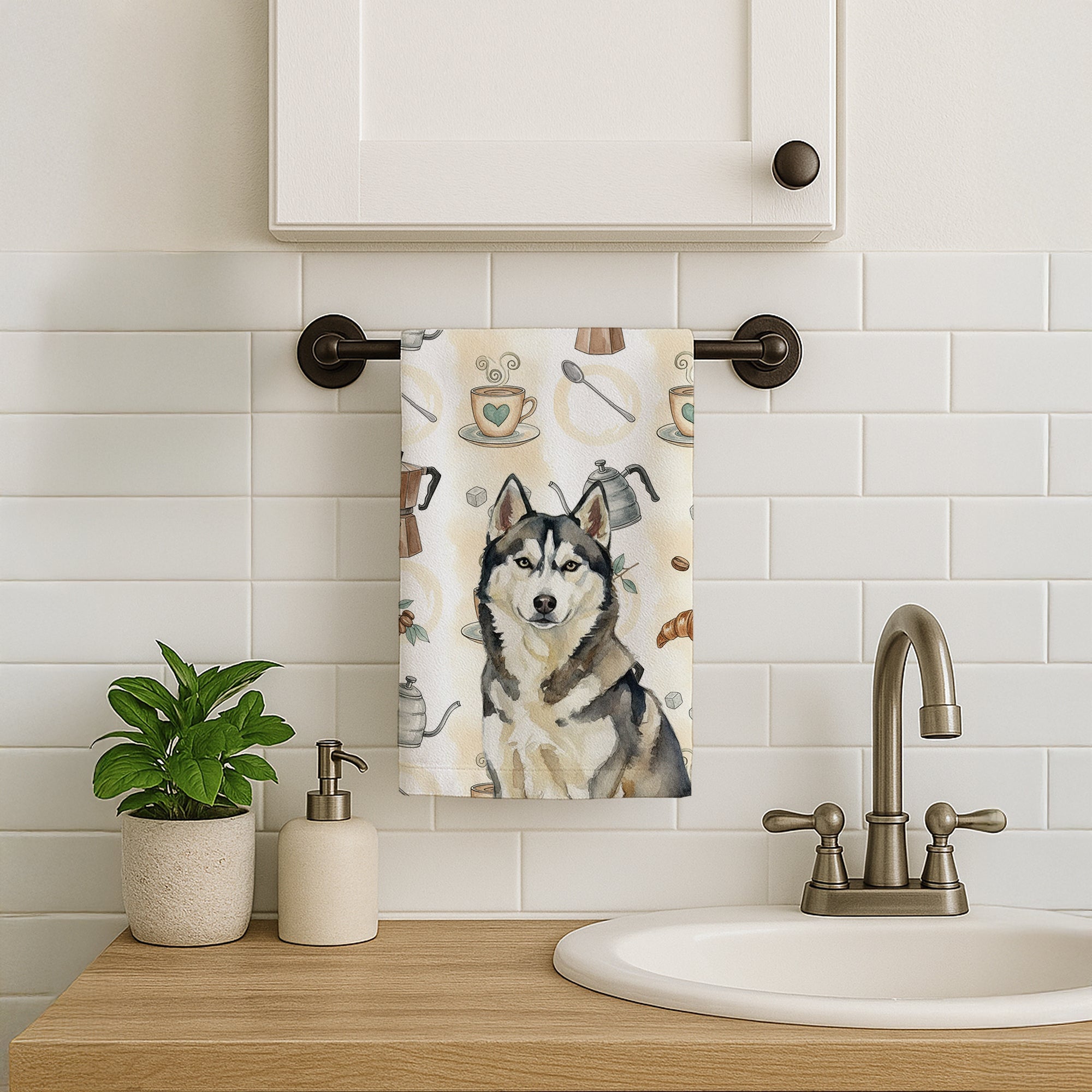 Agouti Siberian Husky Coffee Bar Kitchen Towel Velour Plush Front and Cotton Loop Back Machine Washable