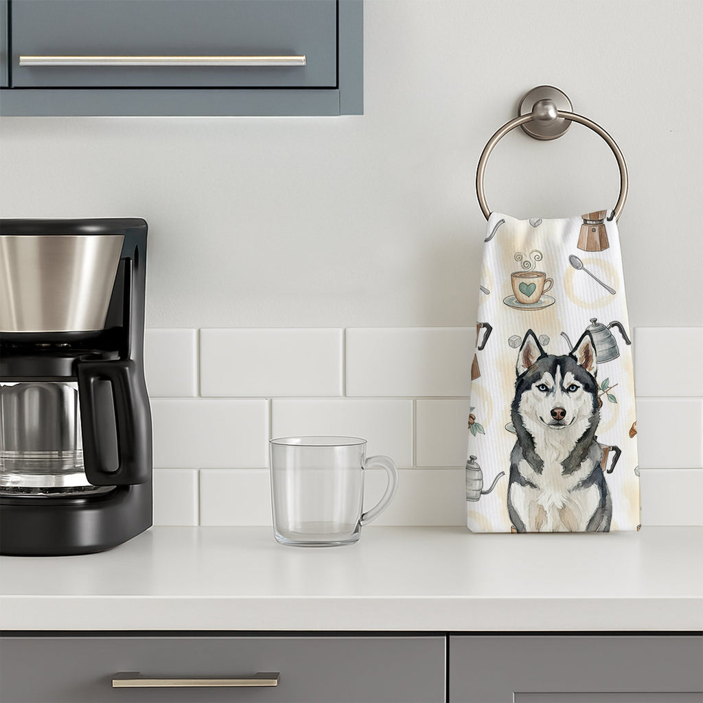 Siberian Husky Coffee Bar Kitchen Towel Velour Plush Front and Cotton Loop Back Machine Washable