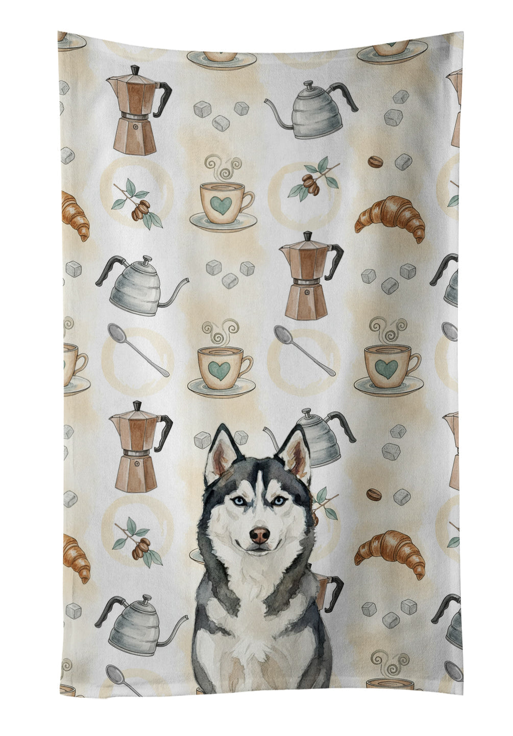 Siberian Husky Coffee Bar Kitchen Towel Velour Plush Front and Cotton Loop Back Machine Washable