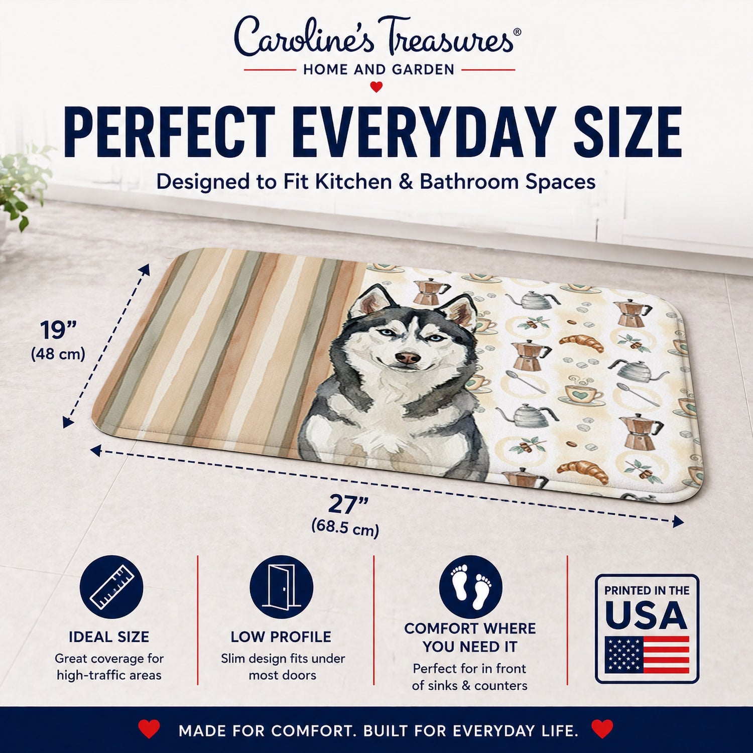 Siberian Husky Coffee Bar Memory Foam Kitchen Mat Machine Washable Anti-Fatigue Cushion Comfort Bath or Kitchen Rug