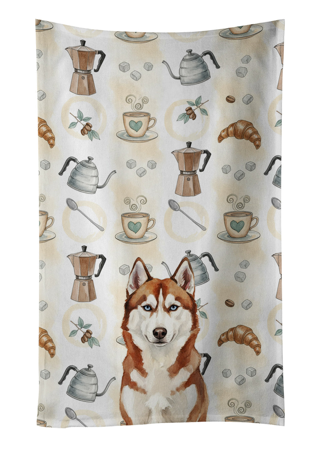Red and White Siberian Husky Coffee Bar Kitchen Towel Velour Plush Front and Cotton Loop Back Machine Washable