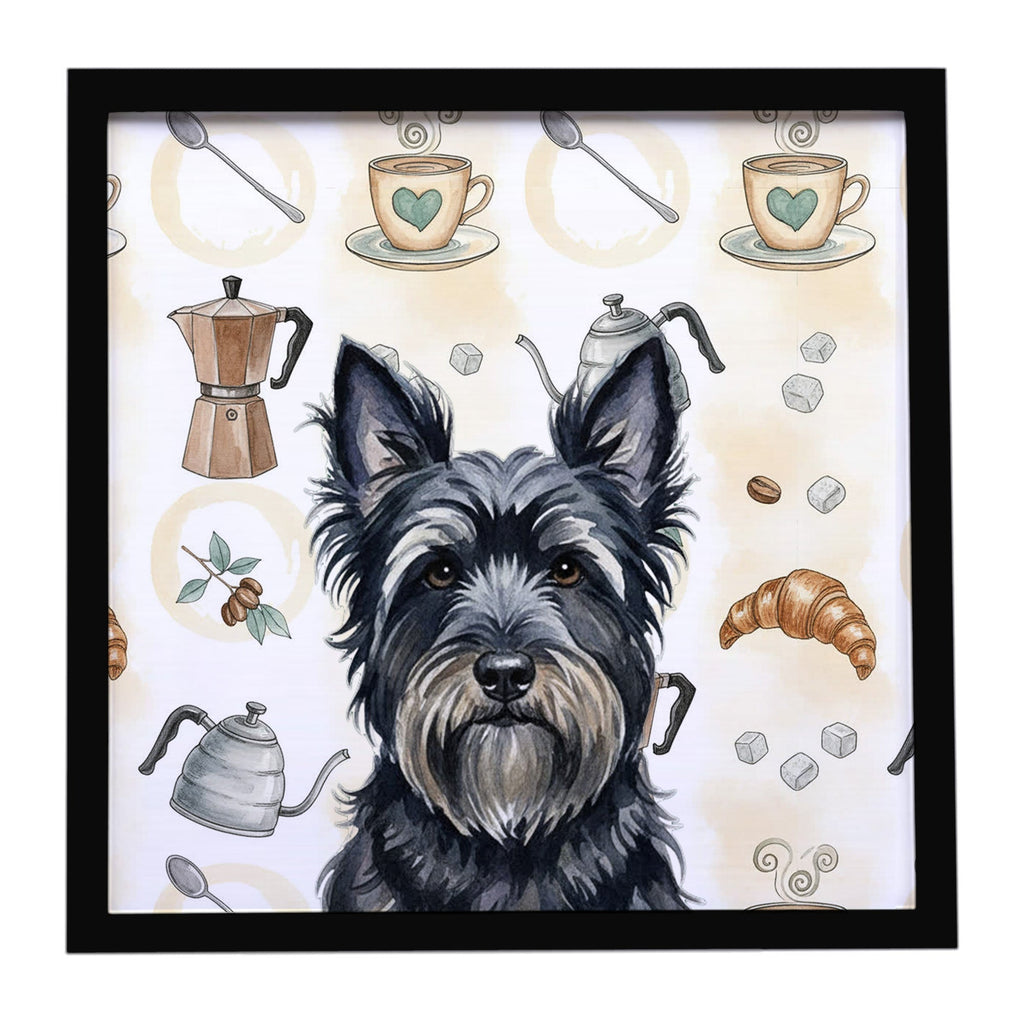 Black Skye Terrier Coffee Bar Framed Metal Print Bathroom, Kitchen, Office, Home Decor Wall Art Ready to Hang, Square, 8X8