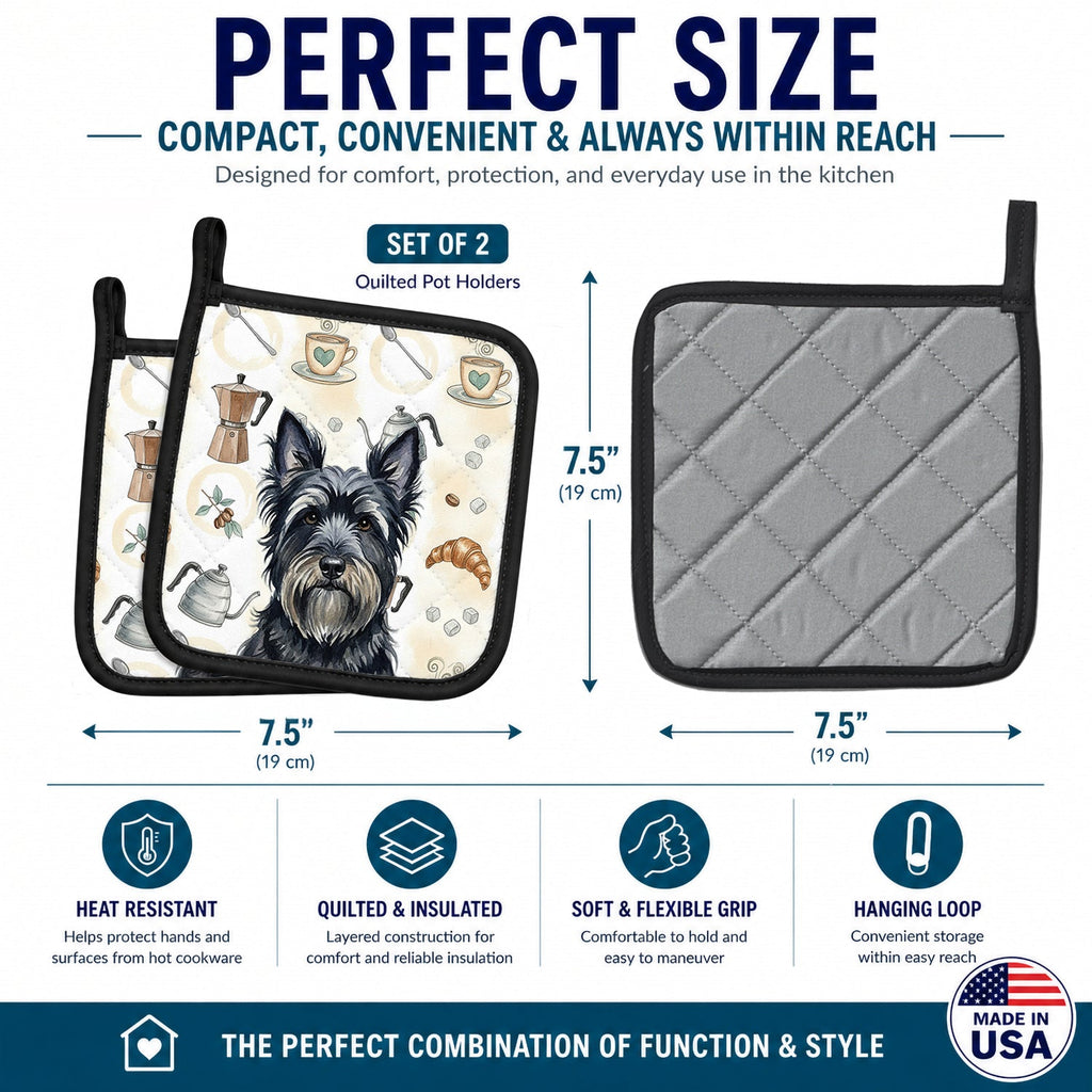 Black Skye Terrier Coffee Bar Pot Holder Set of 2 Heat Resistant Quilted Hot Pads 7.5 x 7.5 Inch, Insulated Kitchen Trivets for Cooking & Baking