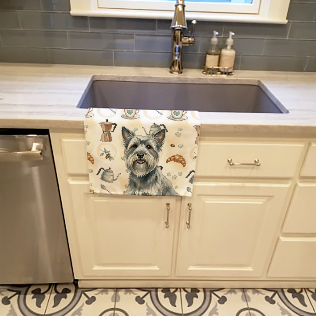Gray Skye Terrier Coffee Bar Kitchen Towel Velour Plush Front and Cotton Loop Back Machine Washable