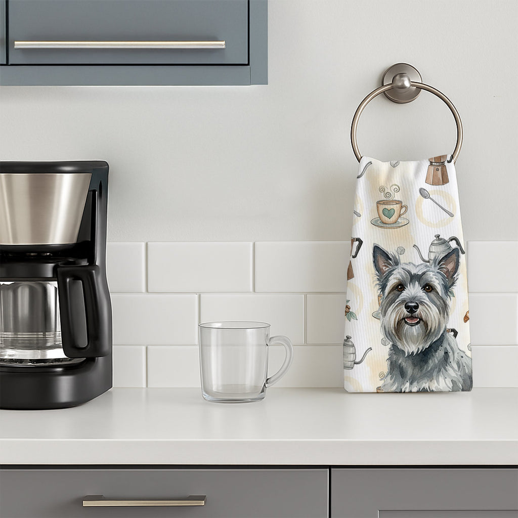 Gray Skye Terrier Coffee Bar Kitchen Towel Velour Plush Front and Cotton Loop Back Machine Washable