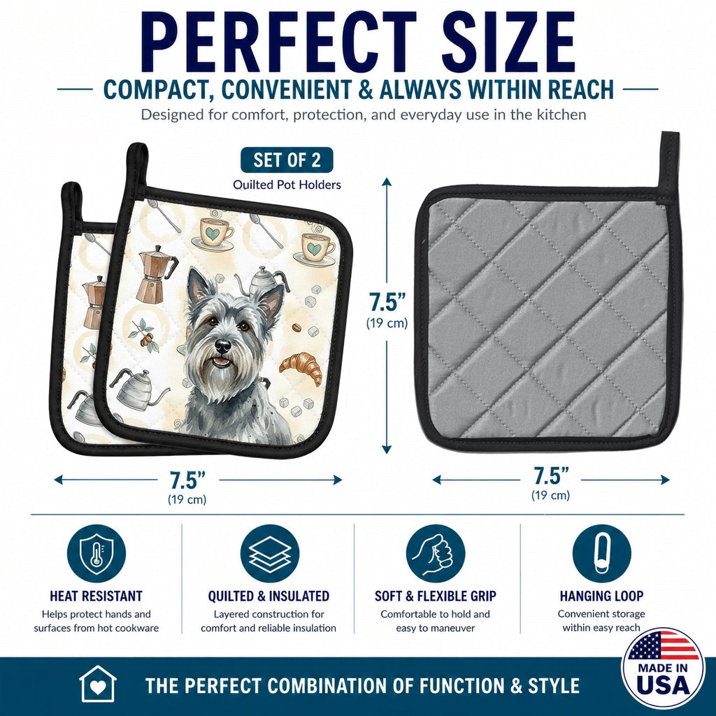Gray Skye Terrier Coffee Bar Pot Holder Set of 2 Heat Resistant Quilted Hot Pads 7.5 x 7.5 Inch, Insulated Kitchen Trivets for Cooking & Baking