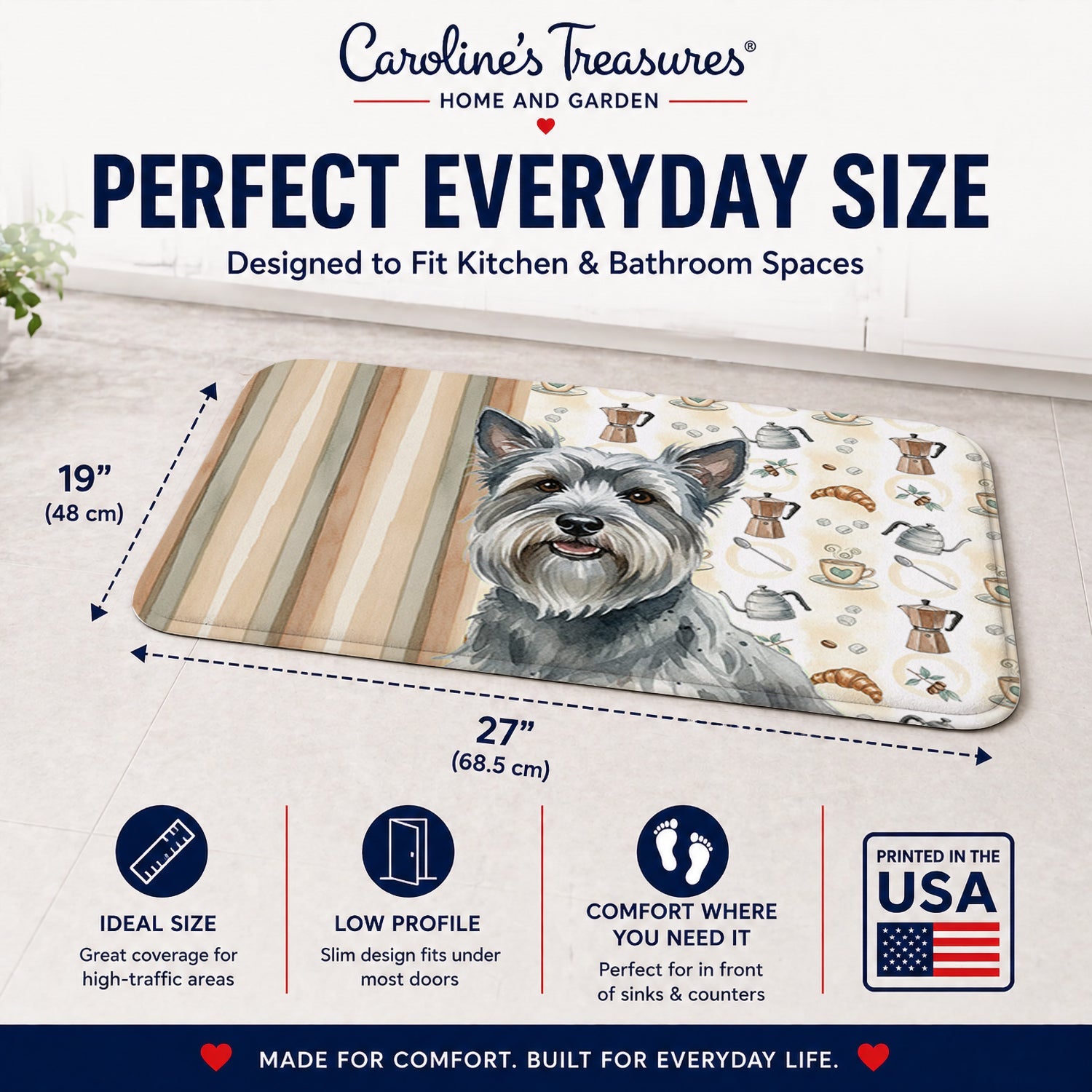 Gray Skye Terrier Coffee Bar Memory Foam Kitchen Mat Machine Washable Anti-Fatigue Cushion Comfort Bath or Kitchen Rug