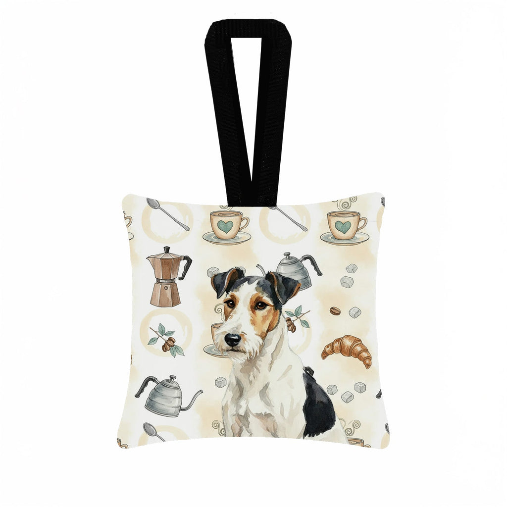 Smooth Fox Terrier Coffee Bar Hanging Square Fabric Ornament 3.5 � 3.5 Decorative Door-Knob & Tree Hanger, Soft Fabric