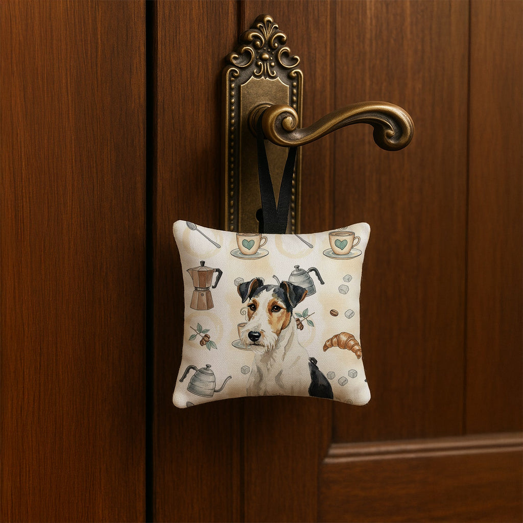 Smooth Fox Terrier Coffee Bar Hanging Square Fabric Ornament 3.5 � 3.5 Decorative Door-Knob & Tree Hanger, Soft Fabric