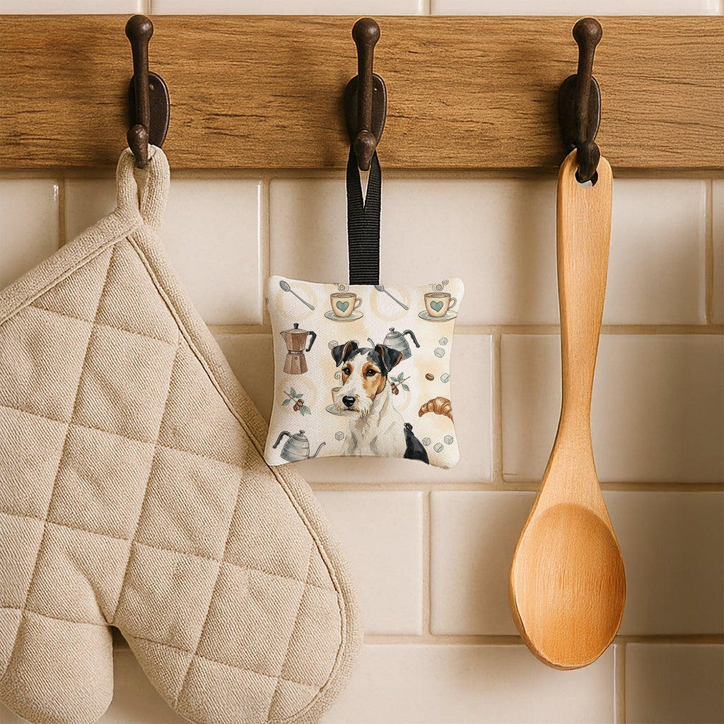 Smooth Fox Terrier Coffee Bar Hanging Square Fabric Ornament 3.5 � 3.5 Decorative Door-Knob & Tree Hanger, Soft Fabric