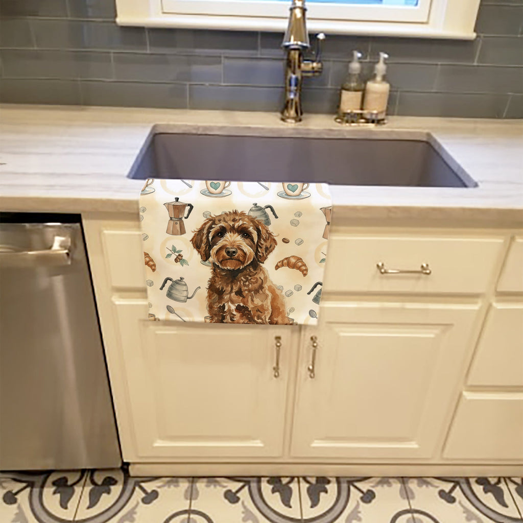 Spanish Water Dog Coffee Bar Kitchen Towel Velour Plush Front and Cotton Loop Back Machine Washable
