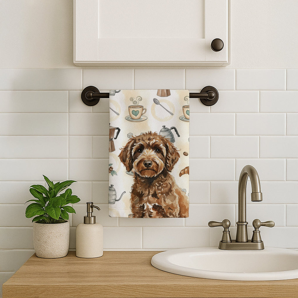 Spanish Water Dog Coffee Bar Kitchen Towel Velour Plush Front and Cotton Loop Back Machine Washable